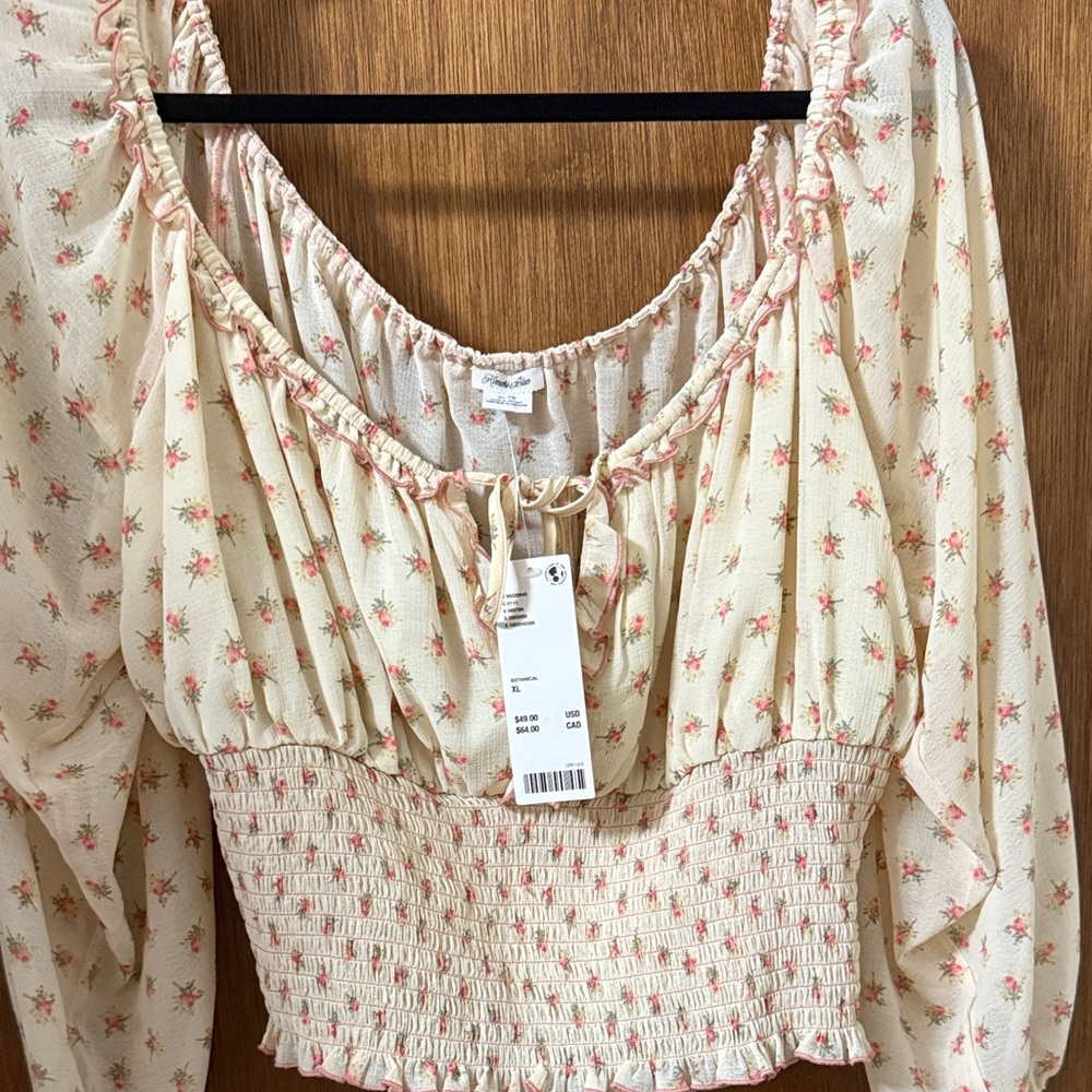 Urban Outfitters Cream Floral Blouse with Pink Details